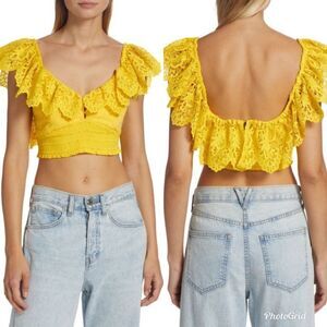 REVOLVE ALICE + OLIVIA Bleeker Ruffled Lace Crop Top in Sunbeam Yellow